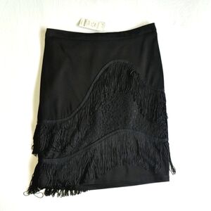 NEW bebe flapper style black pencil skirt with lace & fringe women's size small